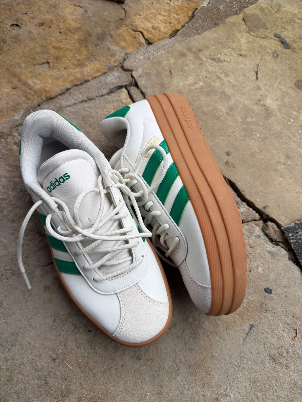 adidas women shoes White & Green Platform Sneakers with Gum Sole